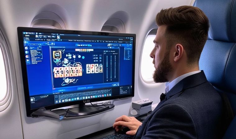 man playing online casino on a plane